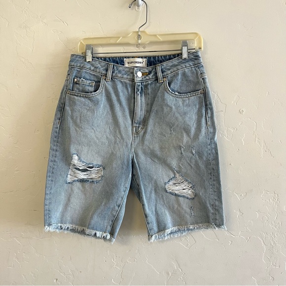 Superdry Light Wash Distressed Bermuda Boy Denim Shorts Size 28 - Picture 1 of 10